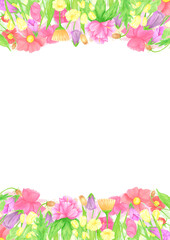 Hand drawn watercolor wildflowers and leaves postcard frame border. Flower of the field isolated on white background. Can be used for postcard, invitation, scrapbook and other printed products.