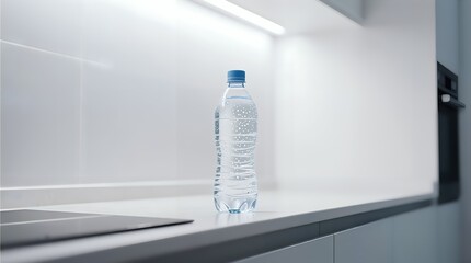Clear Water Bottle on Kitchen Counter with Blue Cap
