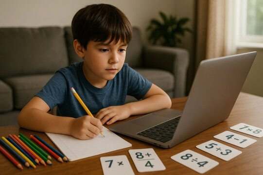 Elementary school student engaging in online math lessons at home, using a laptop and flashcards for effective learning and practice