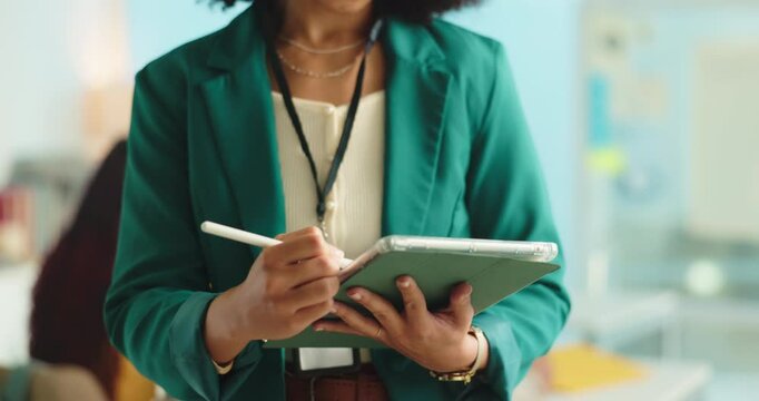 College lecturer, hands and woman with tablet for planning course, curriculum or education. Tech, stylus or teacher in university class for lesson schedule, learning or grading exam for assessment