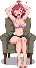 a woman sitting in an armchair with her hands on the head and looking at something
