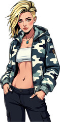 a woman in camouflage jacket and jeans standing on the ground with her arms crossed