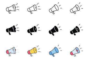 Megaphone icon set element for your design with 3 style line glyph line color