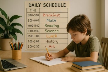 Elementary school student writing diligently in a notebook while following a daily homeschooling schedule at a desk with a laptop