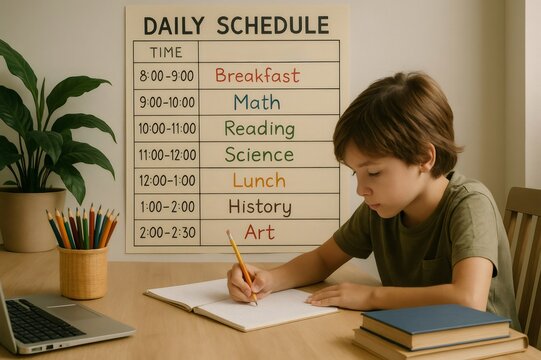 Elementary school student writing diligently in a notebook while following a daily homeschooling schedule at a desk with a laptop
