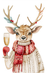 Reindeer in Christmas sweater holding champagne. Cute red-nosed deer illustration.
