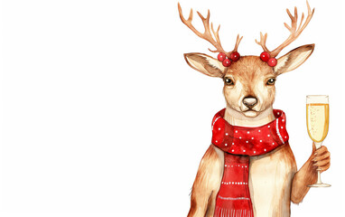 Reindeer couple holding champagne glasses. Romantic Christmas celebration.