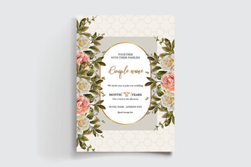 WEDDING INVITATION FRAME WITH FLOWER DECORATIONS AND FRESH LEAVES