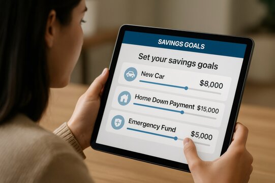 Woman using a digital tablet to plan her savings goals for a new car, a home down payment, and an emergency fund