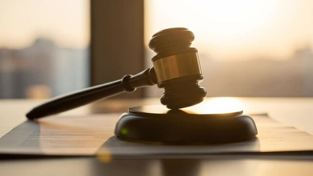 Symbol of law and authority gavel on desk at sunset light representing justice