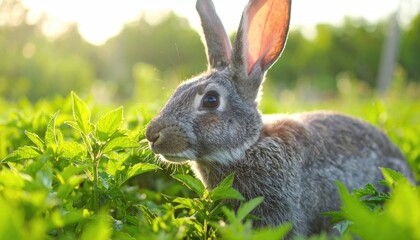 Gray rabbit in lush green foliage