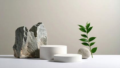 Gray stones and white podiums, plant