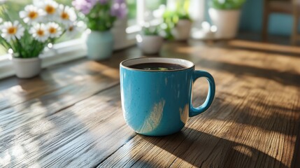 Turquoise mug of coffee on a wooden table near a window.