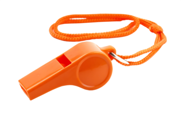 Orange plastic whistle with braided cord isolated on a transparent background lanyard