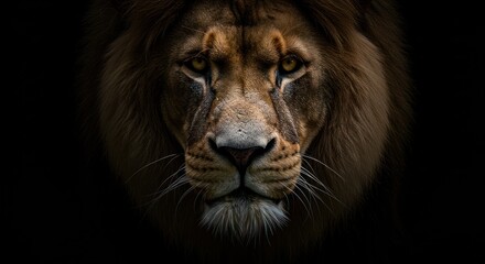 Fototapeta premium Majestic lion portrait emerges from the darkness highlighting strength and grace