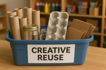 Bin filled with various recyclable materials like cardboard tubes, jars, and egg cartons, promoting creative reuse in crafting projects