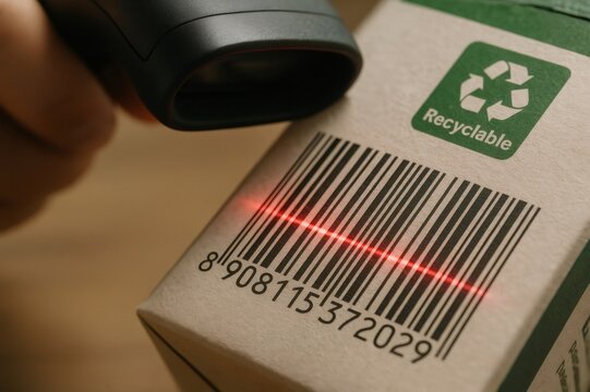 Close up of a barcode being scanned on a recyclable cardboard box, highlighting sustainability and eco friendly packaging practices