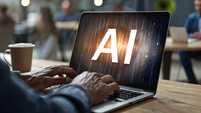 Artificial Intelligence Concept: man working remotely on a laptop computer, the screen showing text "Ai", generative ai	
