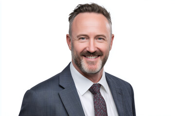 Smiling middle aged man with beard wearing dark suit and patterned tie posing confidently against white background, expressing professionalism and approachability