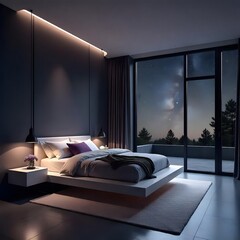 Galaxy themed wall in peaceful bedroom high resolution photo