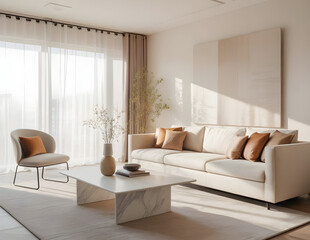 Elegant New York City living room with light walls, gold-accented furniture, large windows, natural lighting, and minimalist art creating a luxurious atmosphere