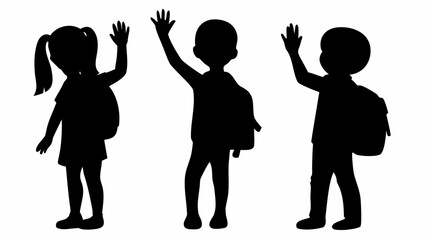 Three children silhouettes with backpacks waving their hands in a friendly manner on a white background