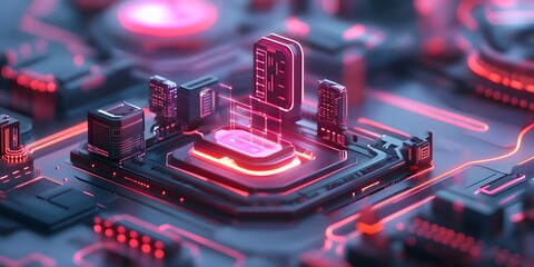 Detailed close-up view of a futuristic circuit board.