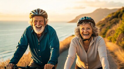 A cheerful senior couple enjoys a bike ride along the scenic coast, embracing an active and healthy retirement