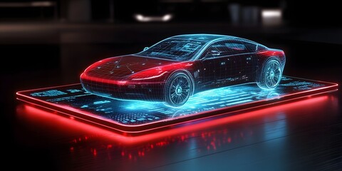 Holographic representation of a car design displayed on a digital tablet.