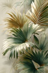 Fototapeta premium Elegant wallpaper with a pattern of green palm leaves on a beige background, perfect for adding a touch of nature and tranquility to any space
