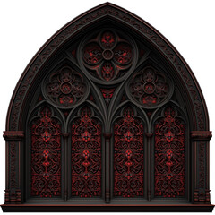 black church window with red decoration ornaments isolated on white or transparent png