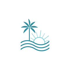 Obraz premium Palm tree and ocean waves line art logo.