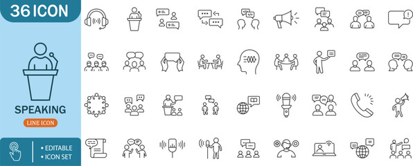 Speaking Communication Speech Chat Meeting Voice Conference Webinar icon setspeaking,communication,speech,chat,meeting,voice,conference,webinar,talk,discussion,conversation,presentation,public,announc