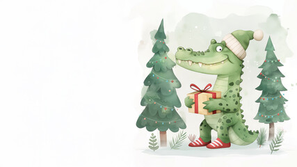 Christmas crocodile in hat with present standing between pine trees. Holiday concept.
