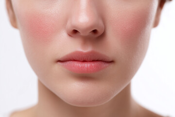 Obraz premium Soft close up of woman lips and nose with smooth skin and natural pink tone showing healthy facial skin texture and gentle expression