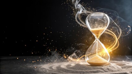 A magical hourglass with golden sand flowing amidst swirling smoke and sparkling particles against a dark background