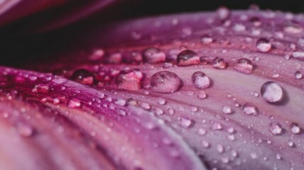 Close-up of a pink flower petal with multiple droplets of water on it. the droplets are glistening in the light and are scattered across the petal, creating a beautiful pattern.