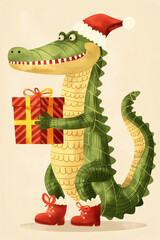 Cartoon crocodile with Santa hat and present. Christmas humor concept.
