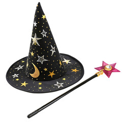 Celestial Sorcerers Ensemble Wizard Hat and Star Wand isolated on transparent background