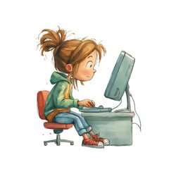 Childlike Illustration of a Girl Using a Laptop