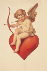 Fototapeta premium Cupid sitting on red heart with bow and wings. Romantic vintage Valentine illustration. 