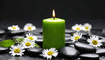 Green candle surrounded by white daisies and stones