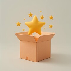 "3D Illustration of an Open Cardboard Box with Floating Stars"