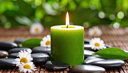 Green candle surrounded by stones and flowers