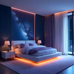 Modern bedroom with galaxy wall decor lighting high resolution photo