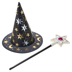 Wizards Hat and Wand isolated on transparent background
