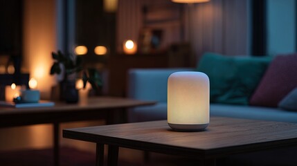 A modern smart speaker glows softly on a wooden table in a cozy, dimly lit living room with warm ambient lighting and comfortable furnishings.