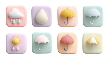 Cute 3D Cartoon Weather Icons with Rain Theme on Transparent Background