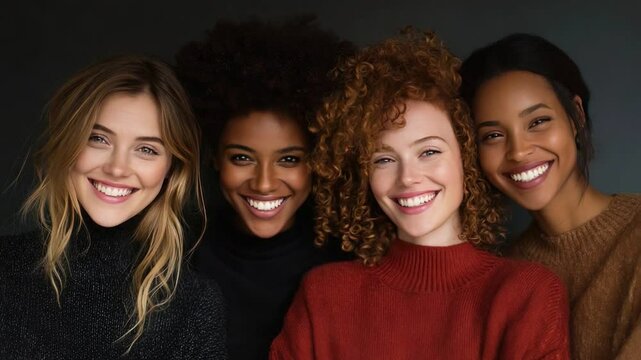 Radiant Friends: Four diverse women with radiant smiles and unique hairstyles, exuding confidence and friendship.