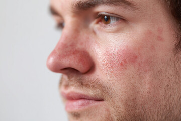 Obraz premium Close up of man with rosacea flare on nose and cheeks showing red irritated skin and facial hair